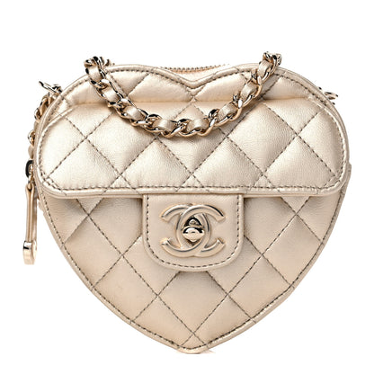 Chanel Metallic Lambskin Quilted CC In Love Heart Clutch With Chain Gold 1 of 10