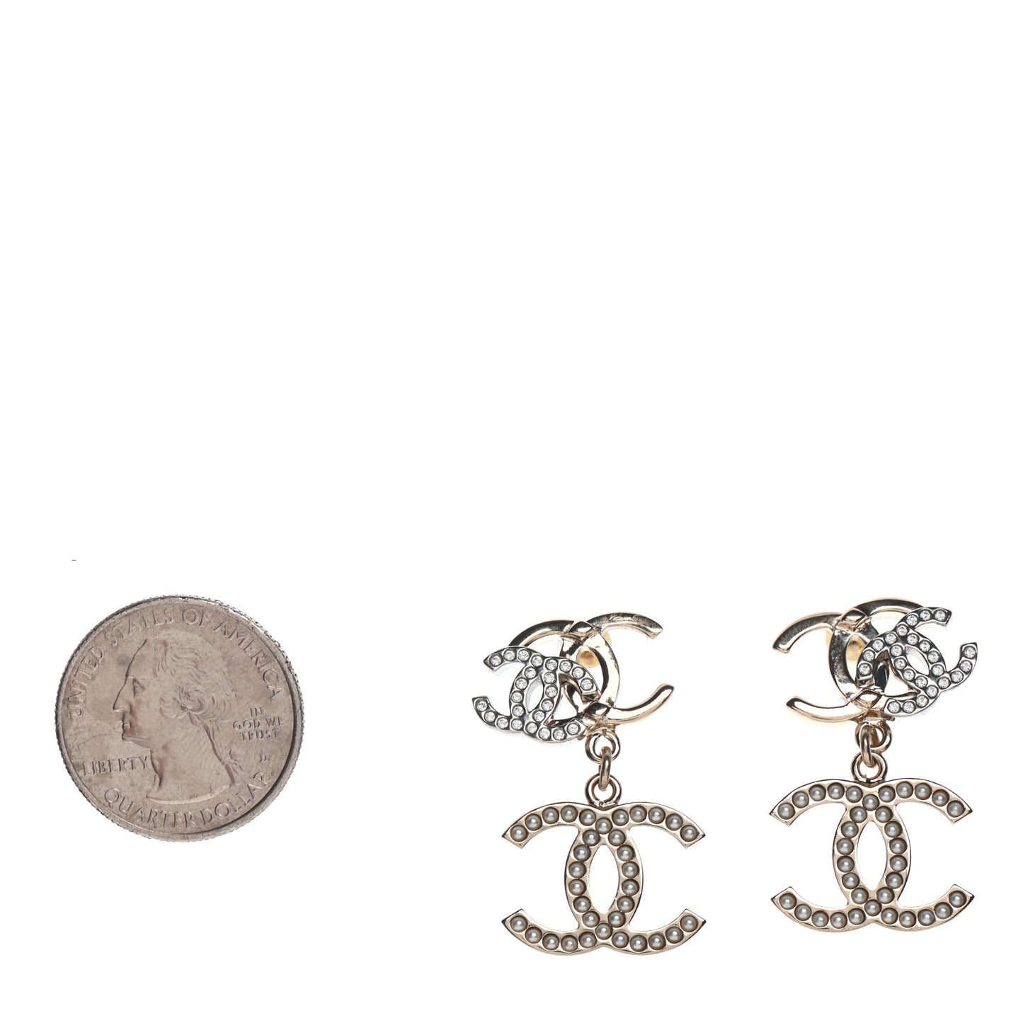 Crystal Pearl Double CC Drop Earrings Gold Silver