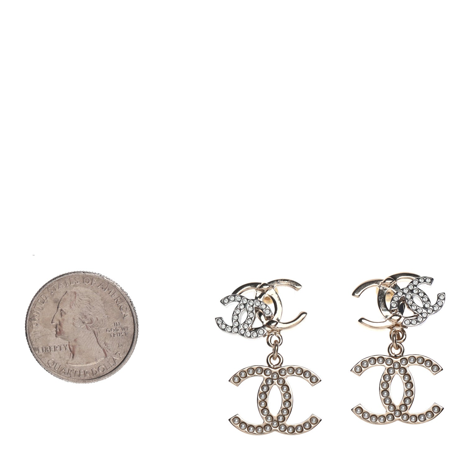 Chanel Crystal Pearl Double CC Drop Earrings Gold Silver 2 of 4