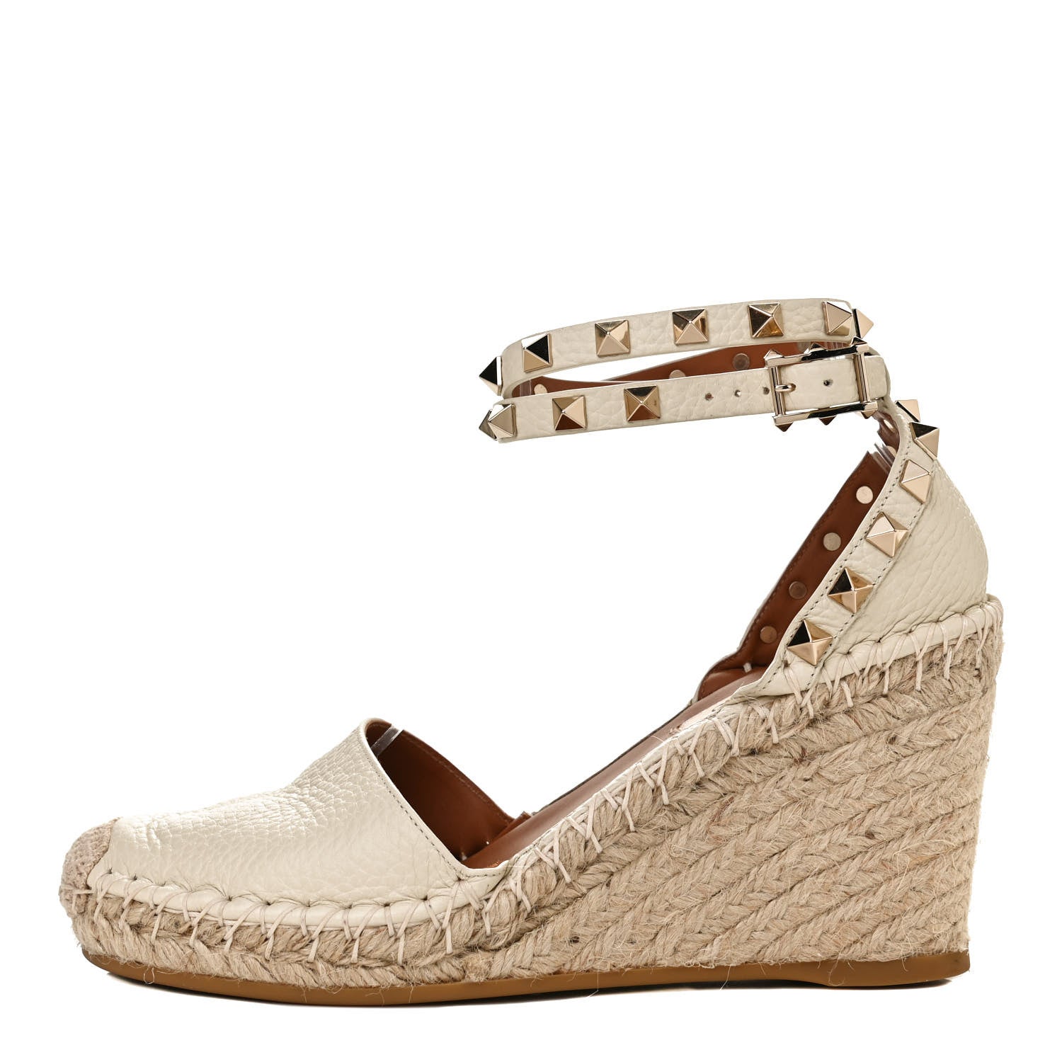 Valentino Garavani Grained Calfskin Rockstud Ankle Wrap Espadrille 15/85mm Wedges 35 Light Ivory 1 of 9