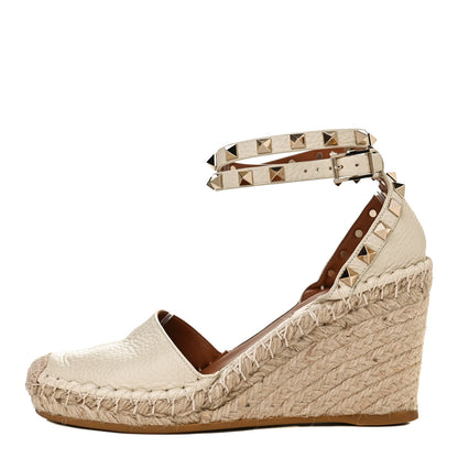 Valentino Garavani Grained Calfskin Rockstud Ankle Wrap Espadrille 15/85mm Wedges 35 Light Ivory 1 of 9