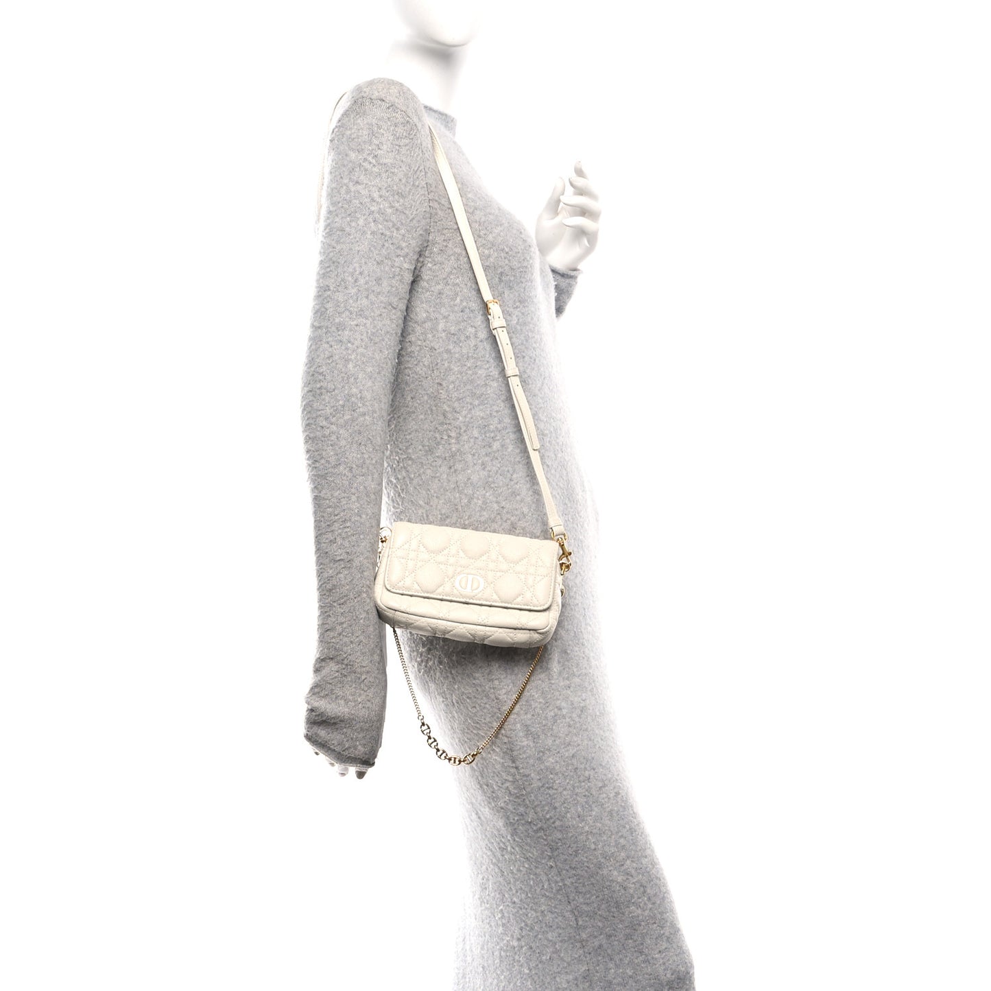 Supple Calfskin Cannage Caro Pouch with Chain Latte