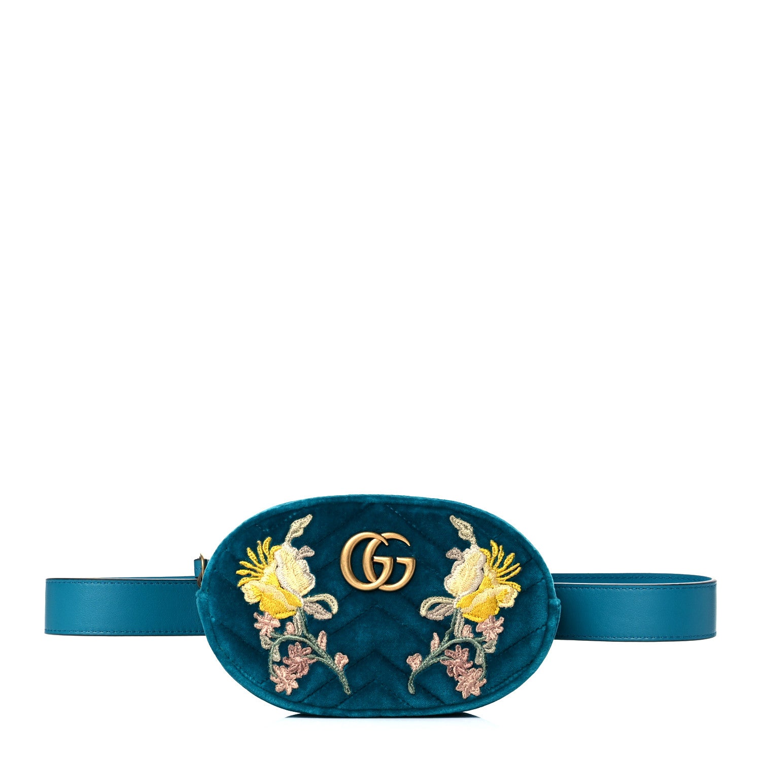 Gucci Velvet Matelasse Embroidered GG Marmont Belt Bag 85 34 Pavone Cyan 1 of 11