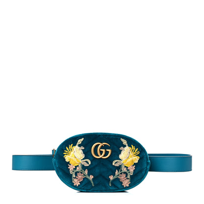 Gucci Velvet Matelasse Embroidered GG Marmont Belt Bag 85 34 Pavone Cyan 1 of 11