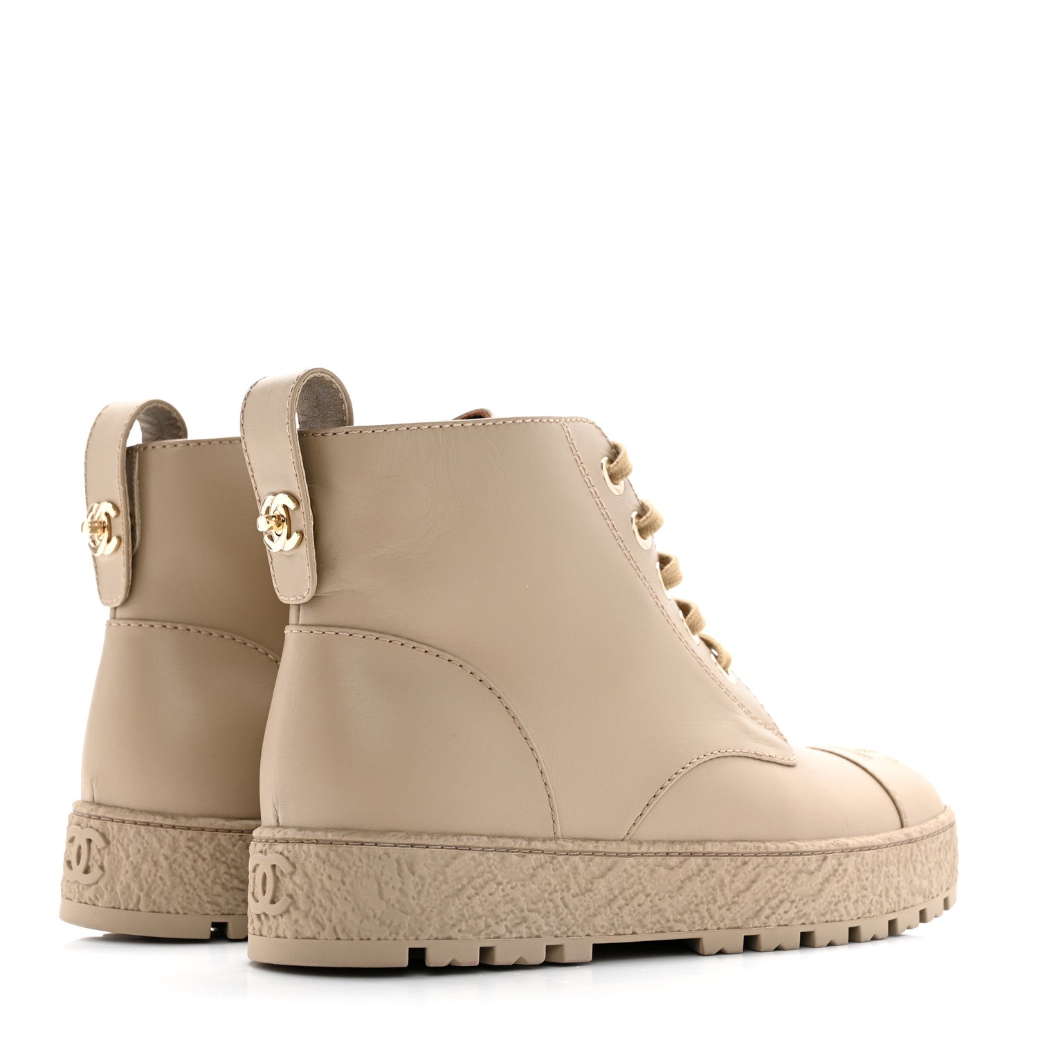 Chanel Calfskin CC Turnlock Lace Up Boots 38.5 Beige 5 of 16