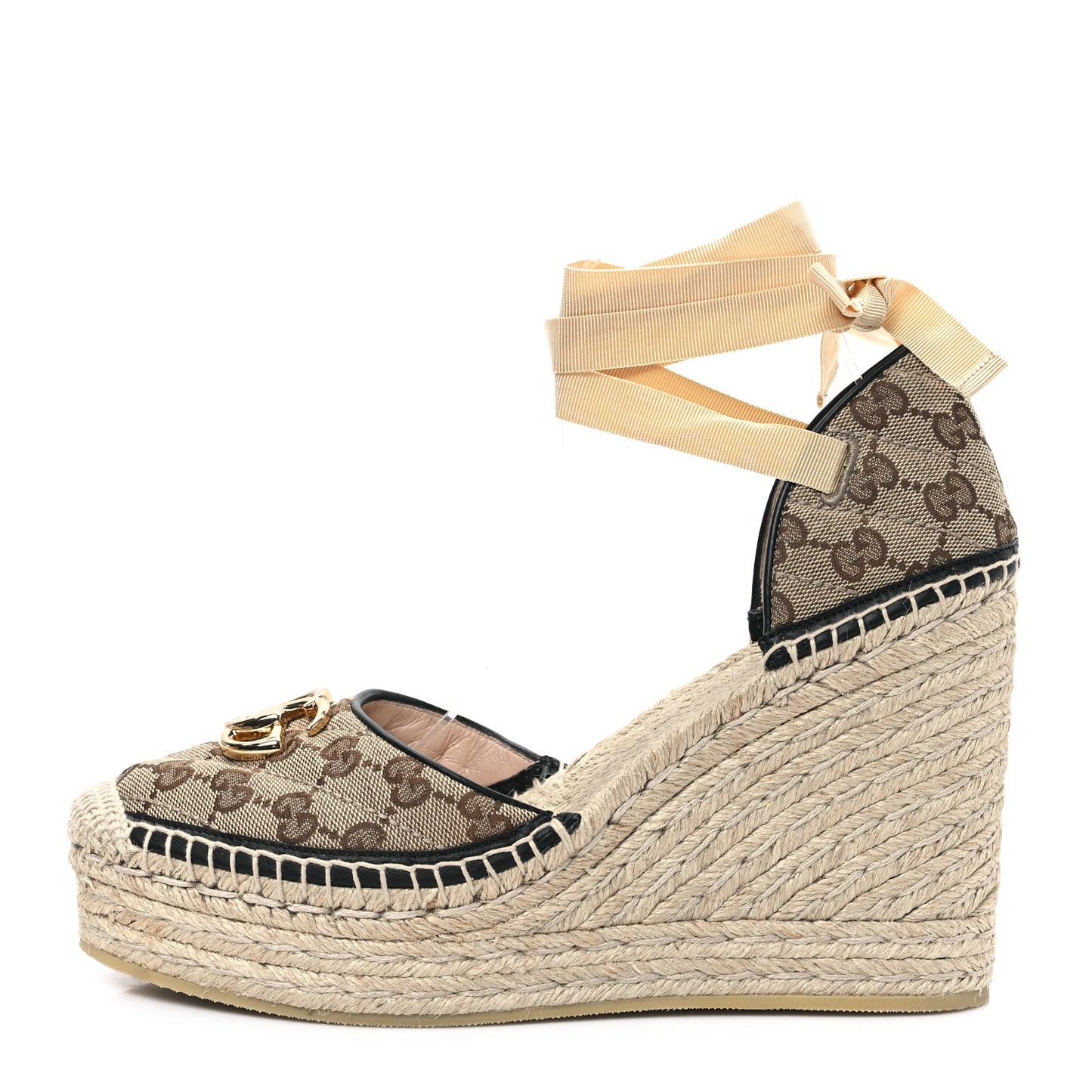 Monogram Matelasse GG Marmont Ankle Wrap Platform 35/120mm Espadrille Wedges 41 Beige Ebony Black Sand Storm