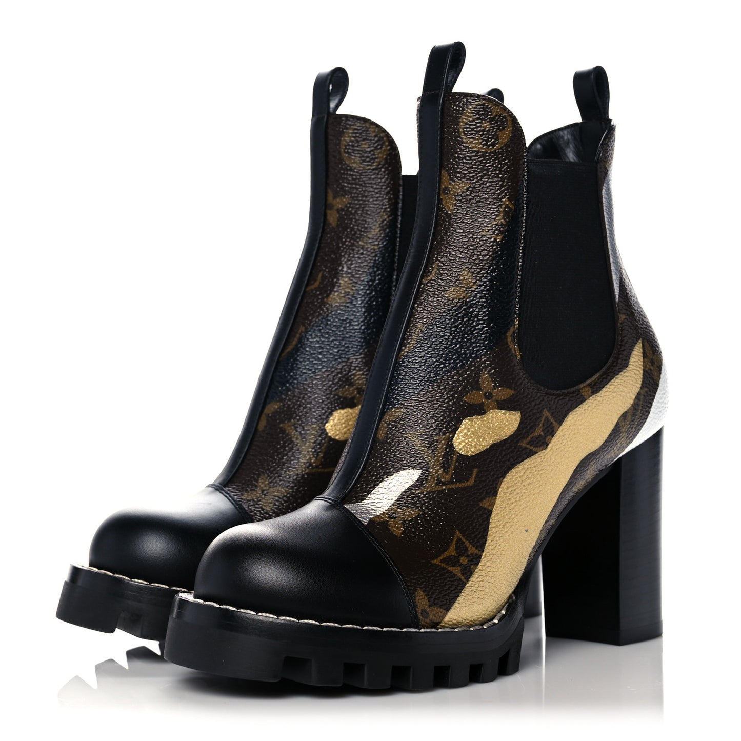 X LOL Patent Calfskin Monogram Star Trail Chelsea Ankle Boots 35.5 Gold Silver