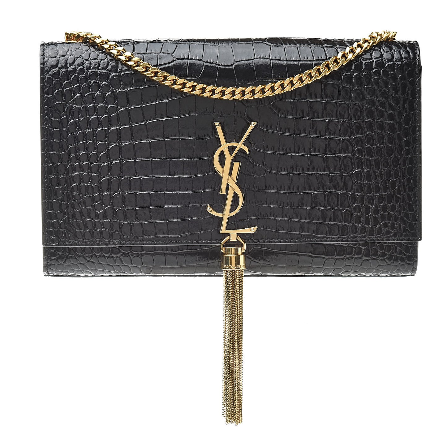 Calfskin Crocodile Embossed Medium Classic Monogram Kate Tassel Satchel Black