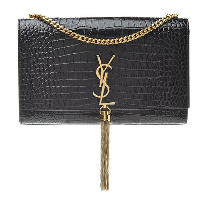 Saint Laurent Calfskin Crocodile Embossed Medium Classic Monogram Kate Tassel Satchel Black 1 of 12