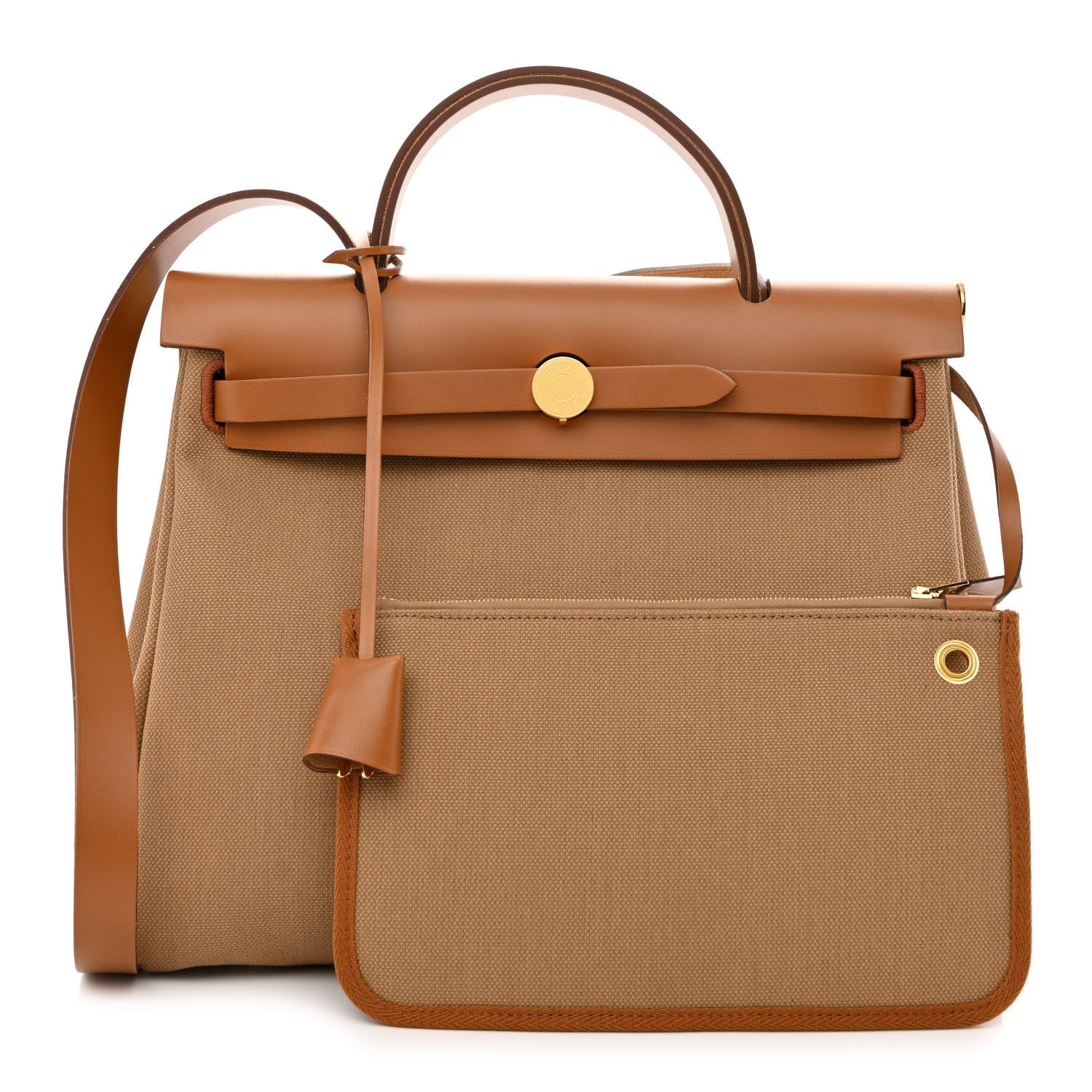 Hermes Military Toile Vache Hunter Herbag Zip Retourne 31 PM Chai Fauve 1 of 12