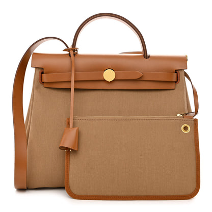 Hermes Military Toile Vache Hunter Herbag Zip Retourne 31 PM Chai Fauve 1 of 12