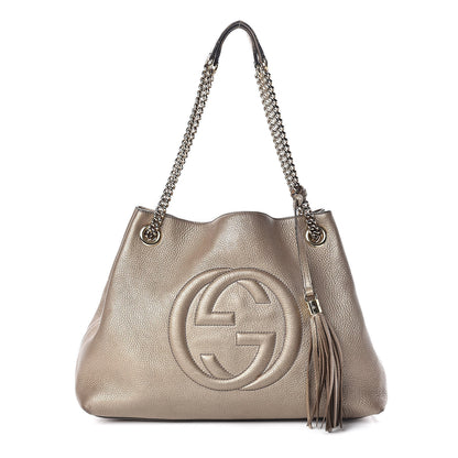 Gucci Metallic Pebbled Calfskin Medium Soho Chain Shoulder Bag Golden Beige 1 of 12