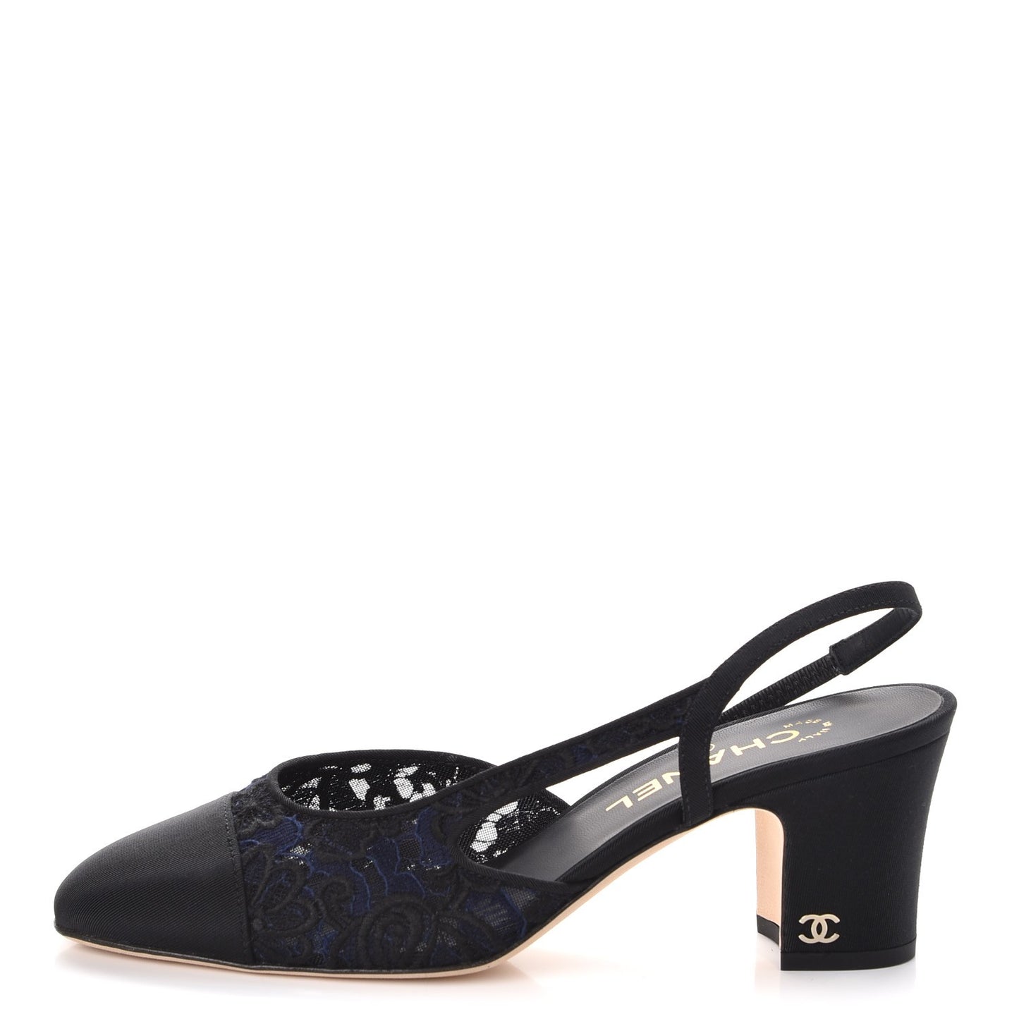 Lace Grosgrain Cap Toe CC Slingback Pumps 37.5 Navy Black
