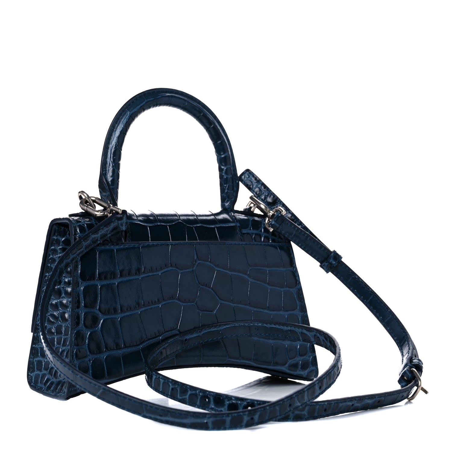 Balenciaga Shiny Calfskin Crocodile Embossed Hourglass Top Handle Bag XS Denim Blue 3 of 10