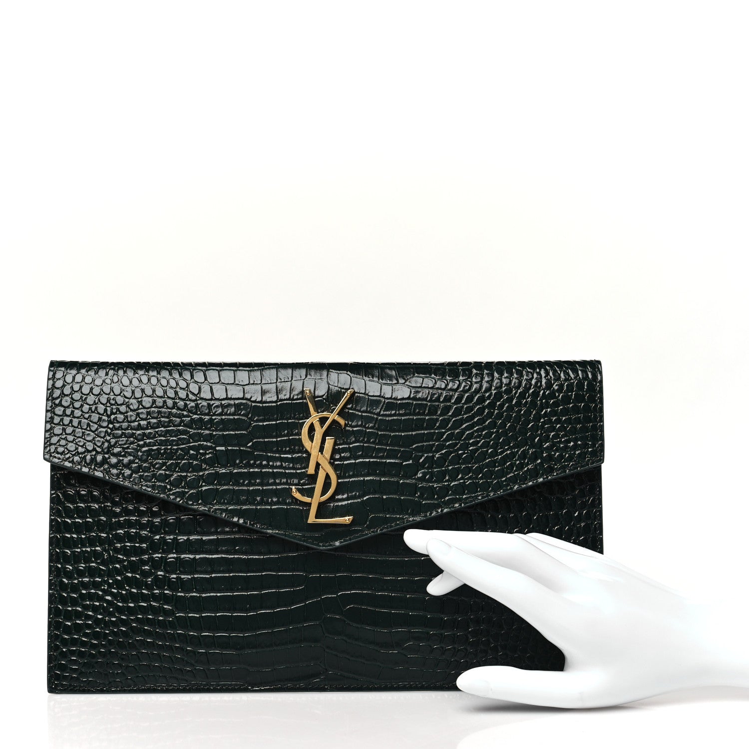 Saint Laurent Calfskin Crocodile Embossed Uptown Monogram Clutch Dark Green 2 of 9