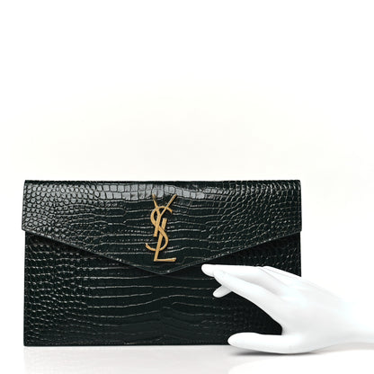 Saint Laurent Calfskin Crocodile Embossed Uptown Monogram Clutch Dark Green 2 of 9
