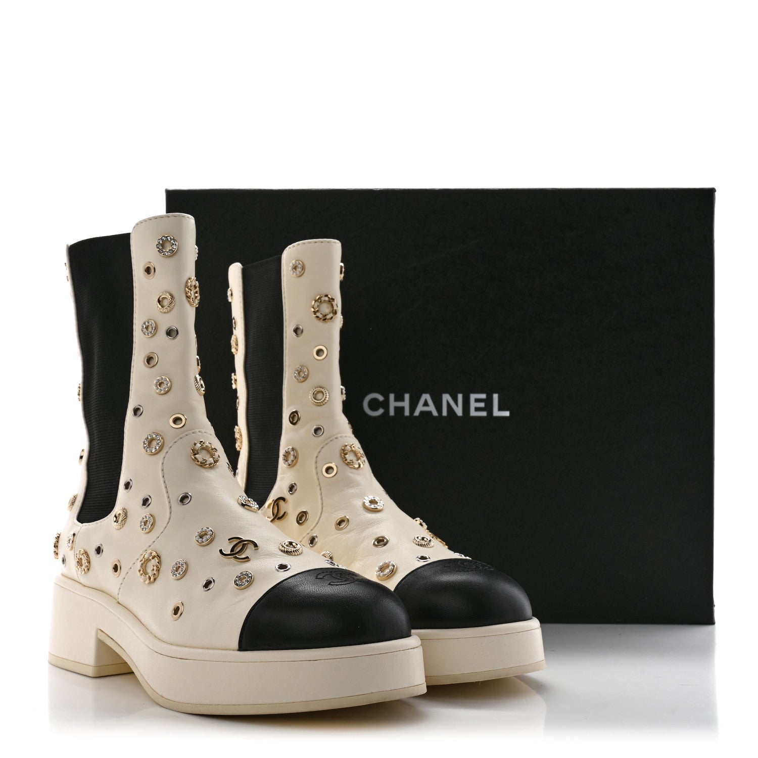 Chanel Lambskin Riveted Cap Toe Short Boots 38 Ivory Black 10 of 10