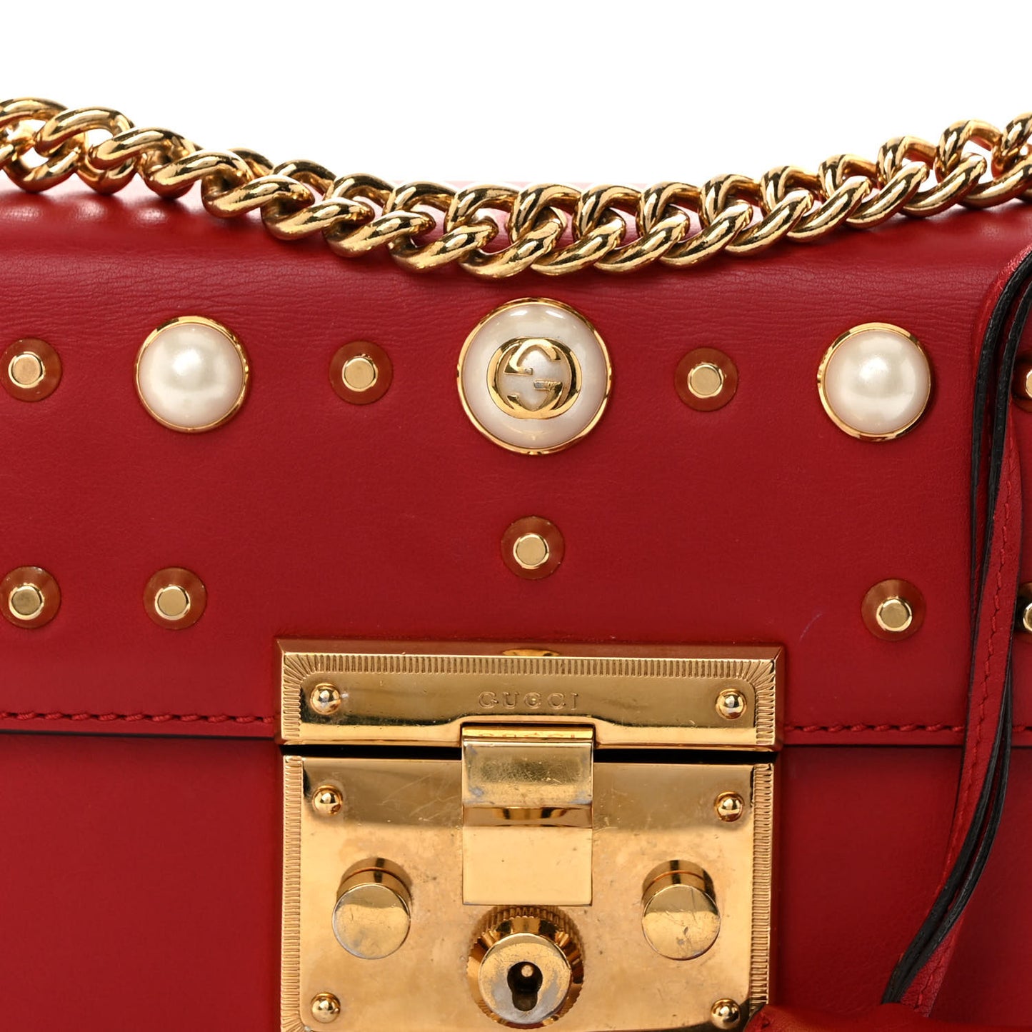 Calfskin Studded Small Padlock Shoulder Bag Hibiscus Red