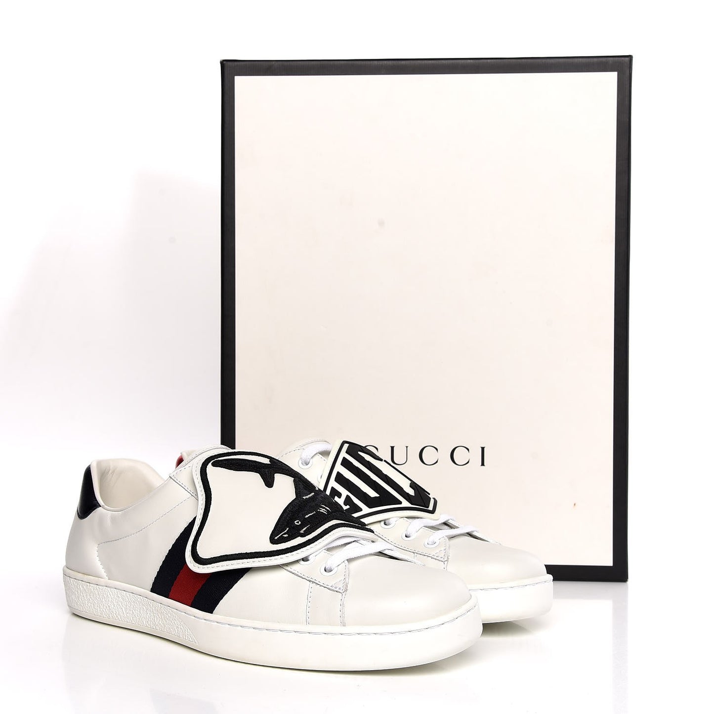 Calfskin Web Shark Embroidered Mens Ace Sneakers 8.5 White
