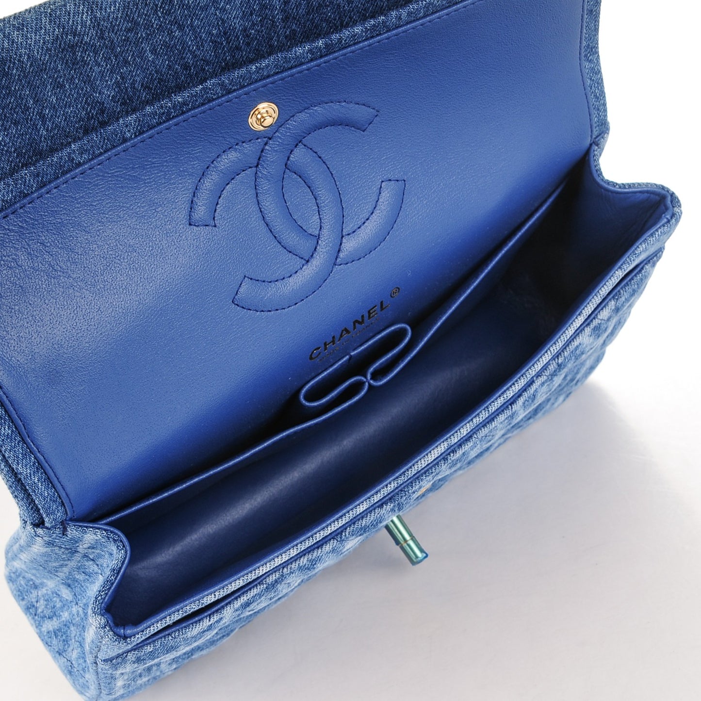 Denim Quilted Medium Double Flap Blue