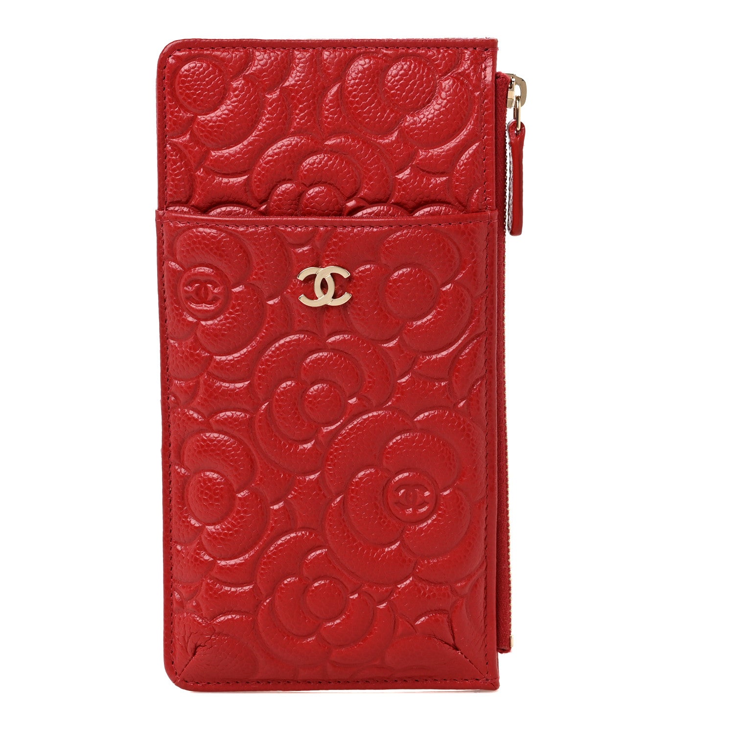 Chanel Caviar Camellia Embossed Classic Flat Wallet Pouch Red 1 of 9