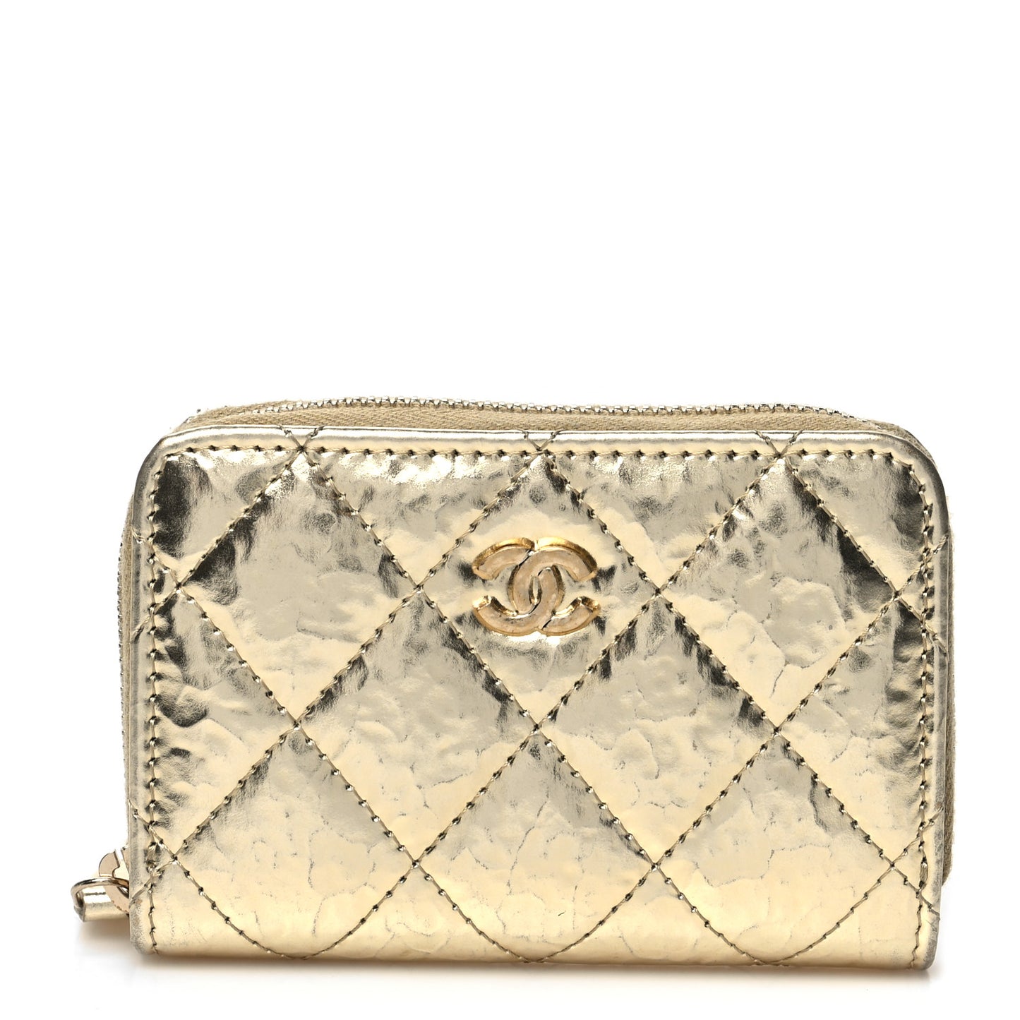 Hammered Metallic Calfskin Quilted Zip Coin Purse Gold