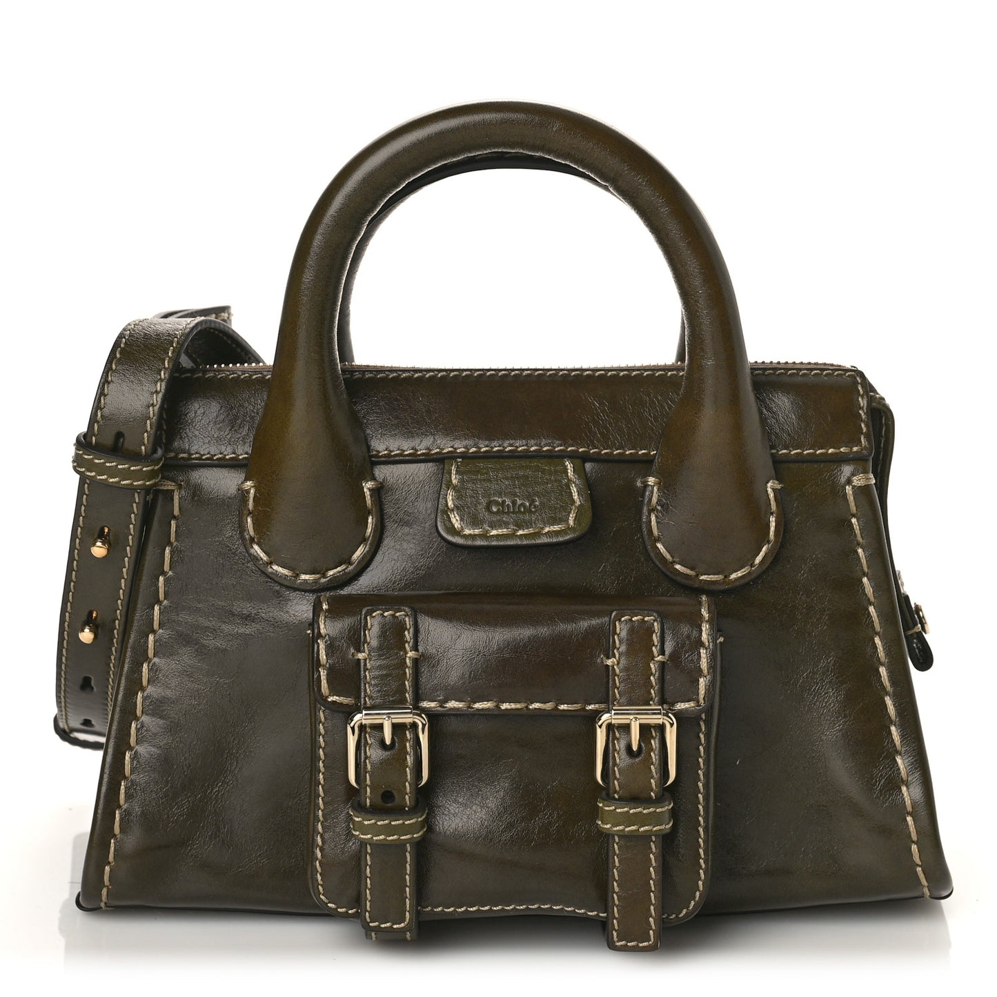 Shiny Tanned Calfskin Mini Edith Bag Deep Khaki