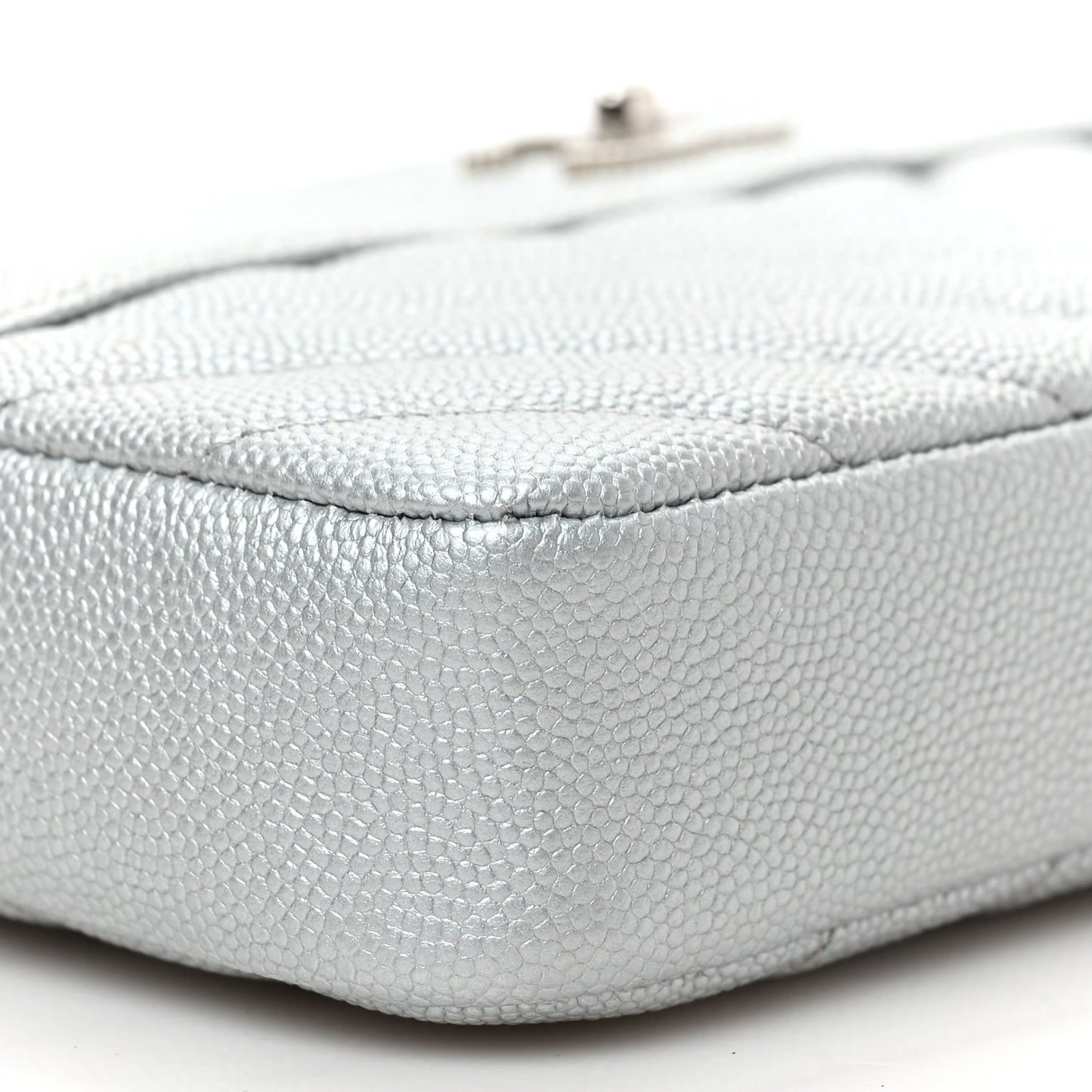 Metallic Caviar Chevron Quilted Small Vintage Mademoiselle Clutch With Chain Silver