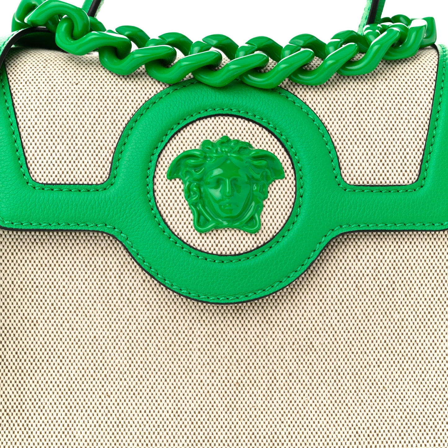 Grained Calfskin Canvas Medium La Medusa Chain Top Handle Handbag Green