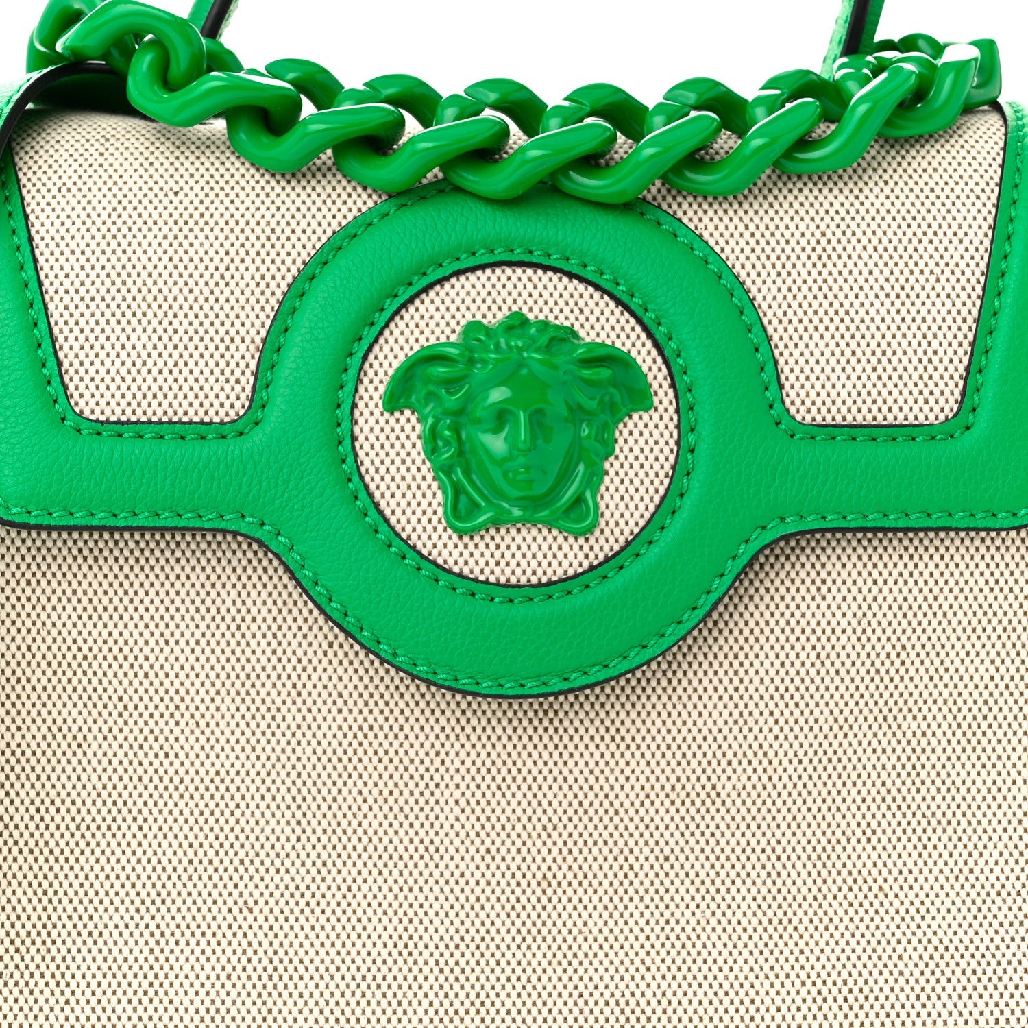 Versace Grained Calfskin Canvas Medium La Medusa Chain Top Handle Handbag Green 7 of 10