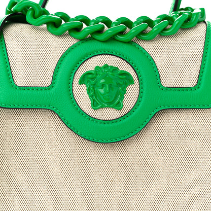 Versace Grained Calfskin Canvas Medium La Medusa Chain Top Handle Handbag Green 7 of 10
