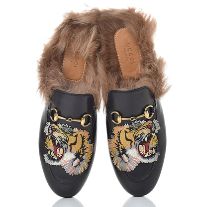 Gucci Calfskin Lambswool Tiger Embroidered Womens Princetown Slippers 38.5 Black 8 of 9