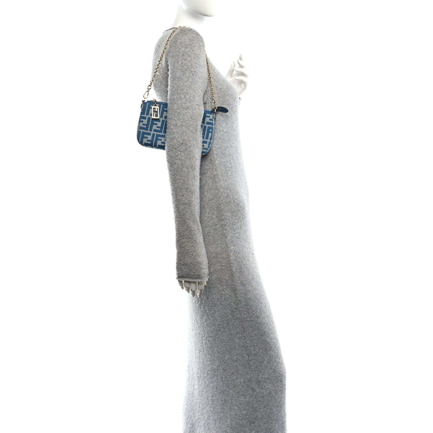 Fendi Denim Effect Fabric Jacquard FF Baguette Pouch Blue 2 of 11