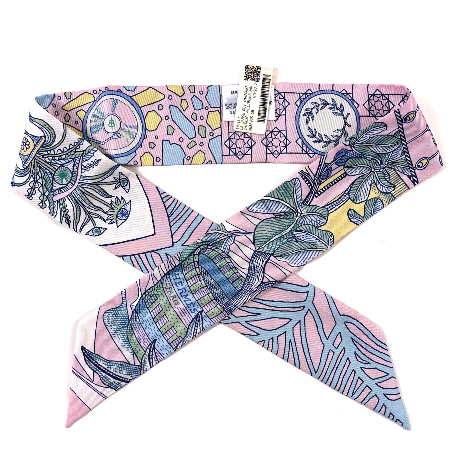 Hermes Silk La Danse Des Amazones Twilly Rose Pale Bleu Jaune 1 of 3