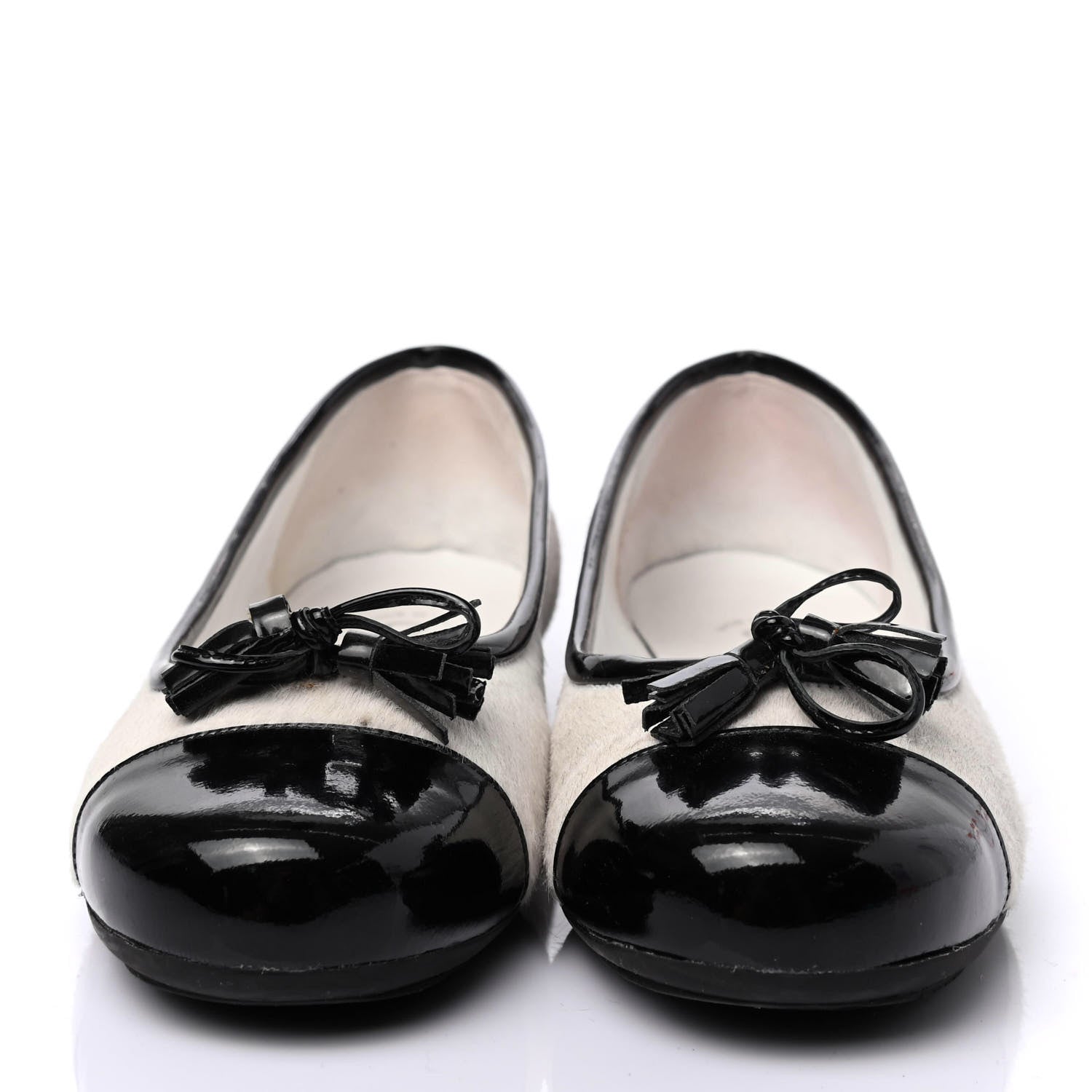Chanel Pony Hair Patent Cap Toe Ballet Flats 38 Black White 2 of 4