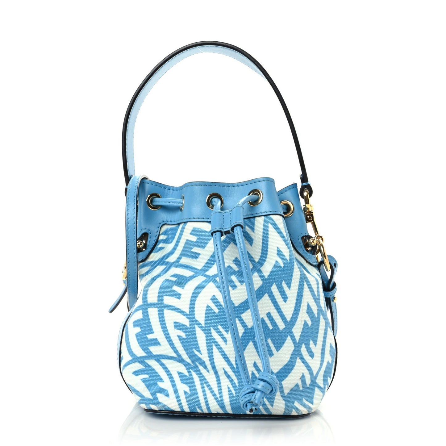 X SARAH COLEMAN Glazed Canvas Vitello King F is Fendi FF Vertigo Mini Mon Tresor Bucket Bag Cyber Blue White