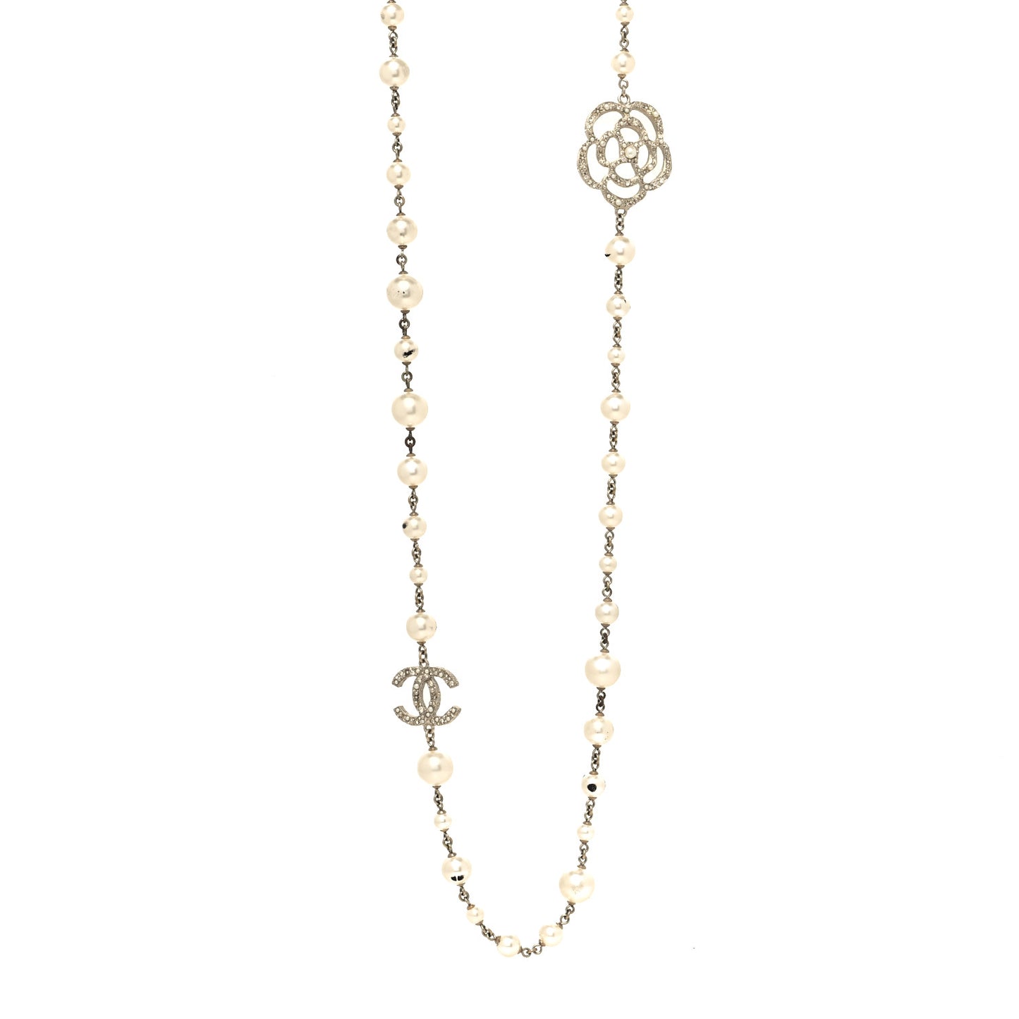 Pearl Crystal Camellia CC Necklace Gold