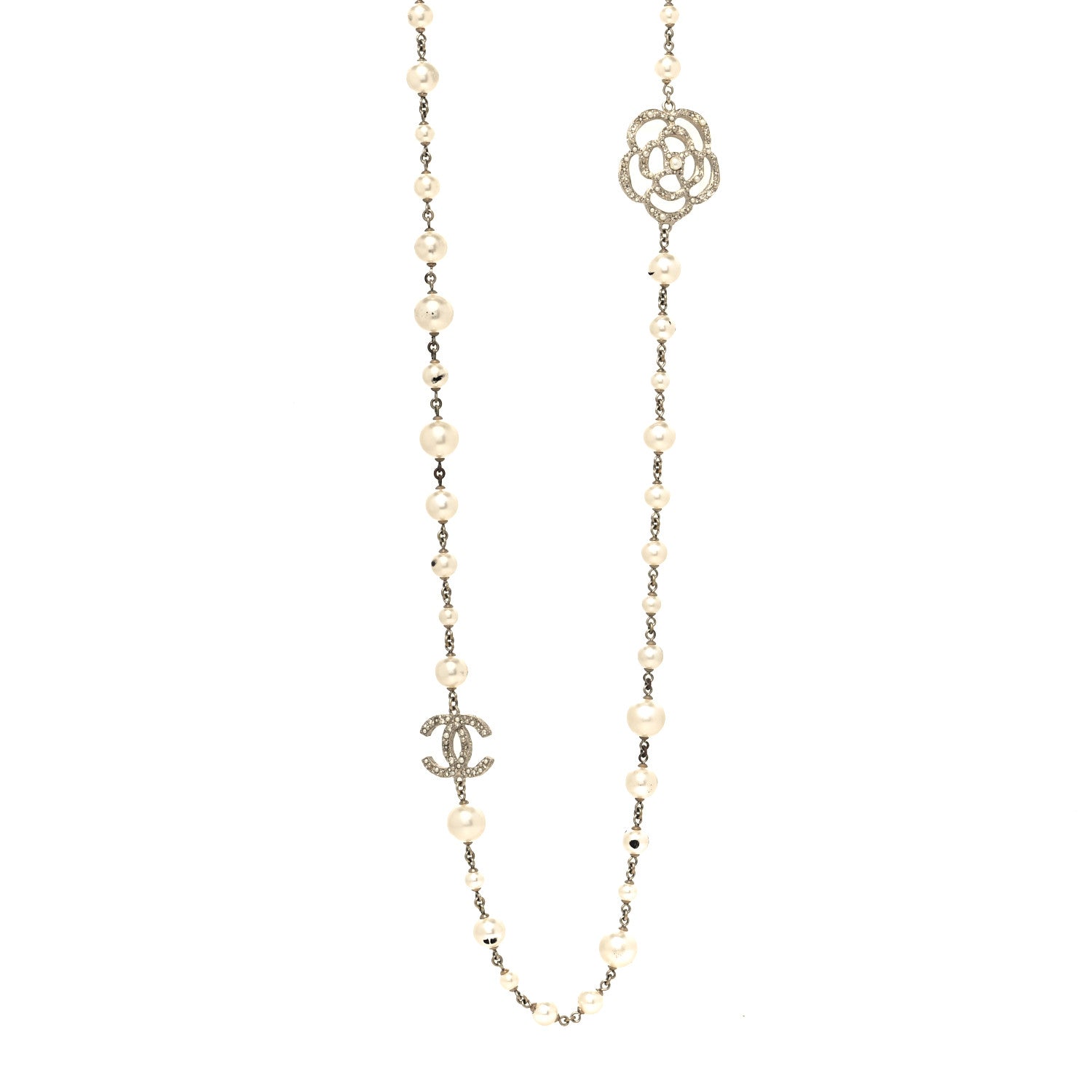 Chanel Pearl Crystal Camellia CC Necklace Gold 1 of 6