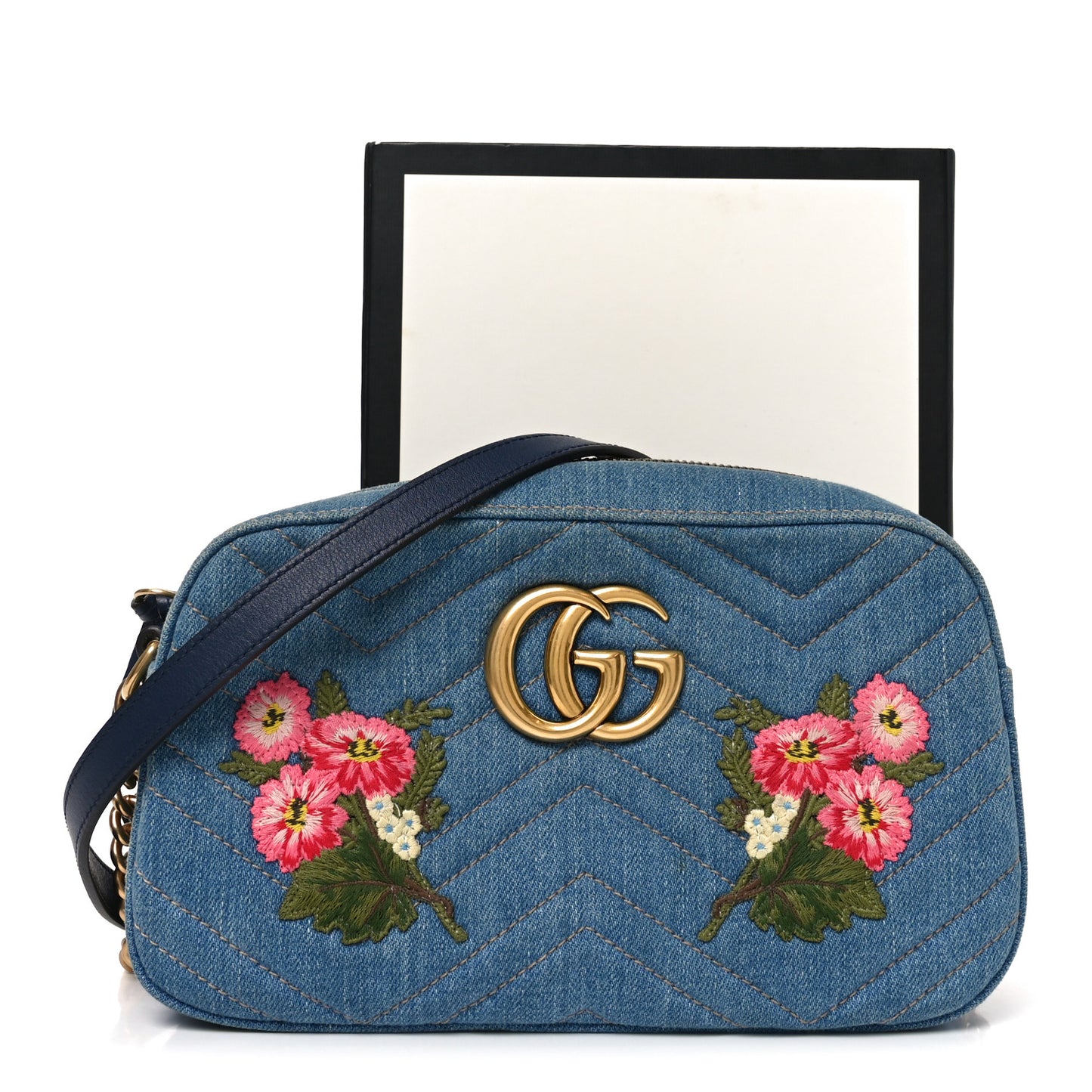 Denim Matelasse Embroidered Small GG Marmont Chain Shoulder Bag Blue