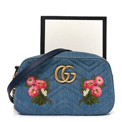 Gucci Denim Matelasse Embroidered Small GG Marmont Chain Shoulder Bag Blue 10 of 11