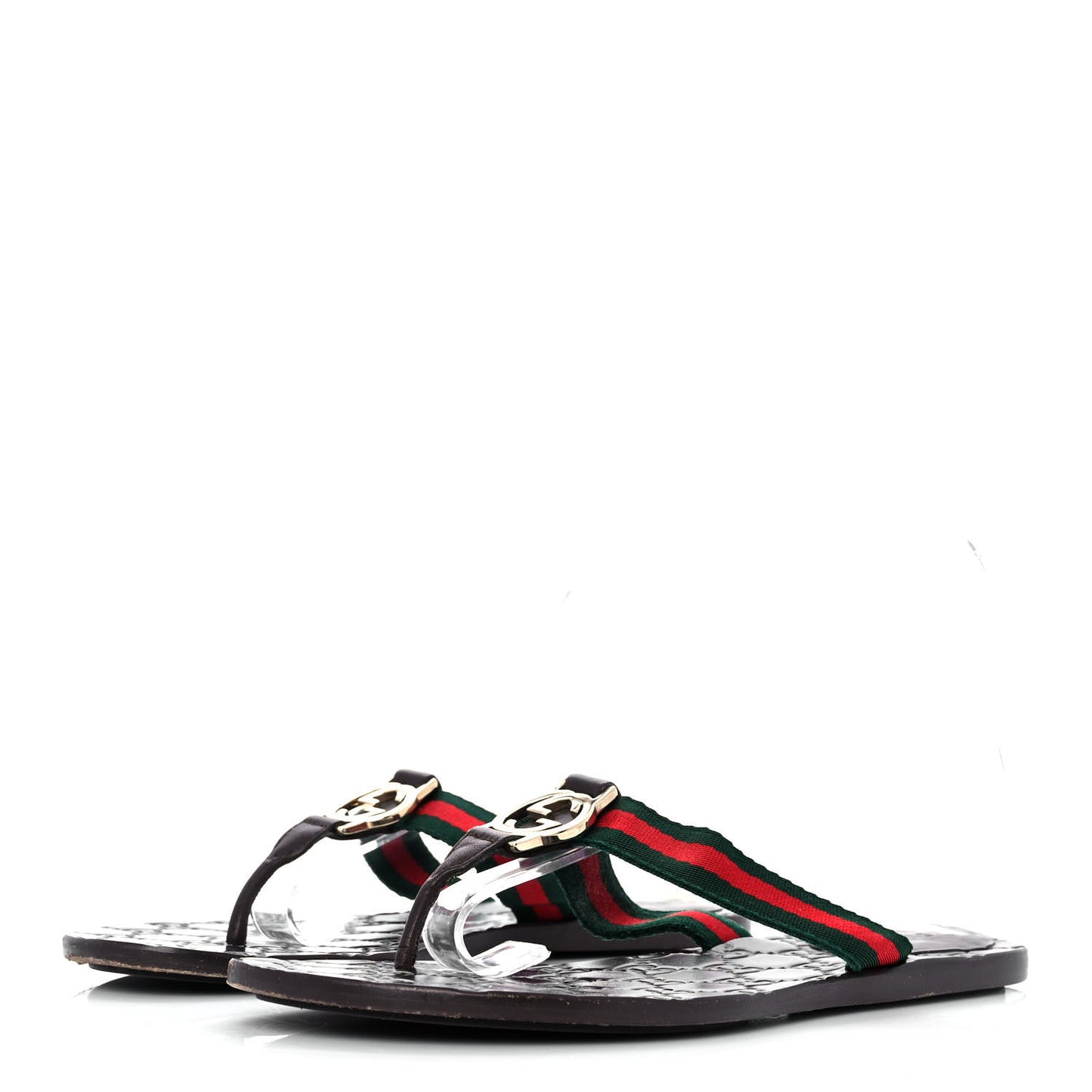 Nylon Calfskin Web GG Monogram Womens Thong Sandals 37.5 Green Red Cocoa
