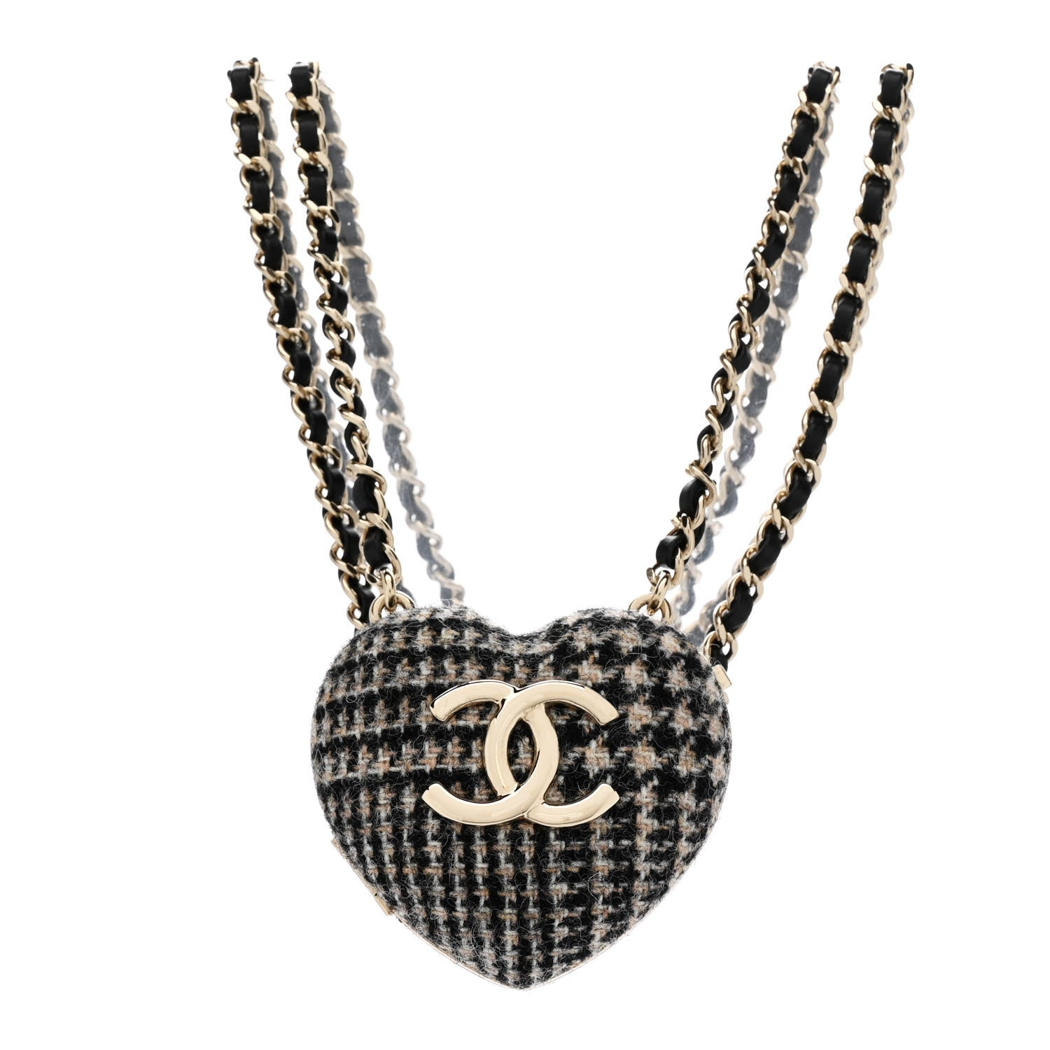 Chanel Tweed Lambskin CC Heart Locket Necklace Gold Black Beige 3 of 7