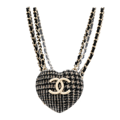 Chanel Tweed Lambskin CC Heart Locket Necklace Gold Black Beige 3 of 7