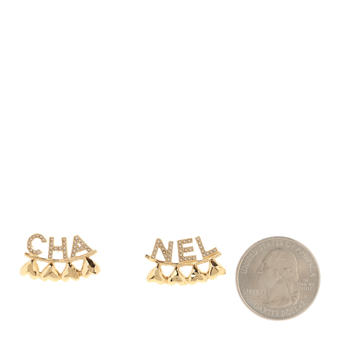 Crystal Heart Cha-Nel Logo Earrings Gold
