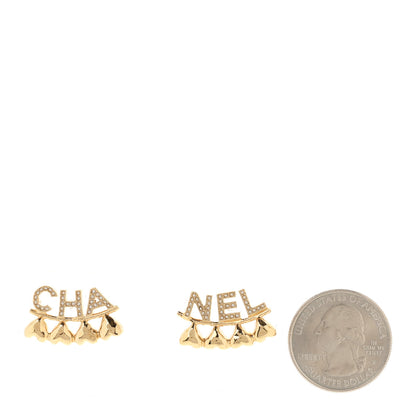 Chanel Crystal Heart Cha-Nel Logo Earrings Gold 2 of 4