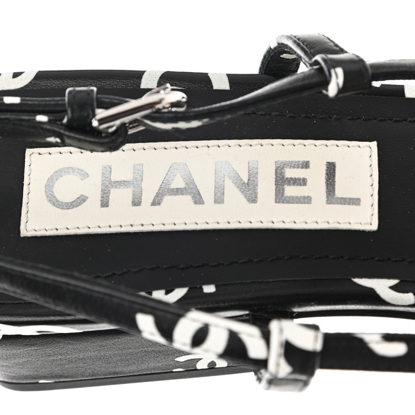 Printed Lambskin CC Slingback Sandals 37.5 Black White