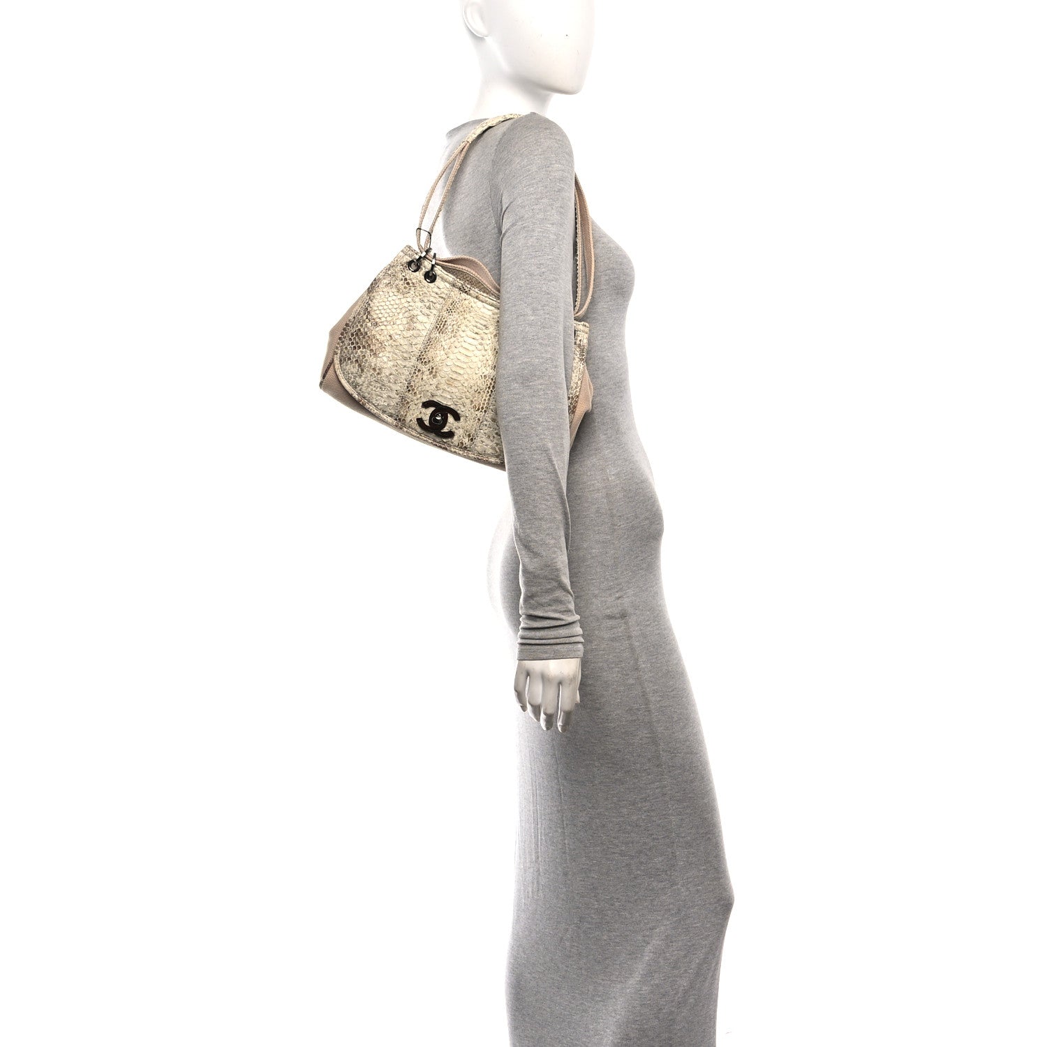 Chanel Snakeskin Canvas Flap Shoulder Bag Beige 2 of 11