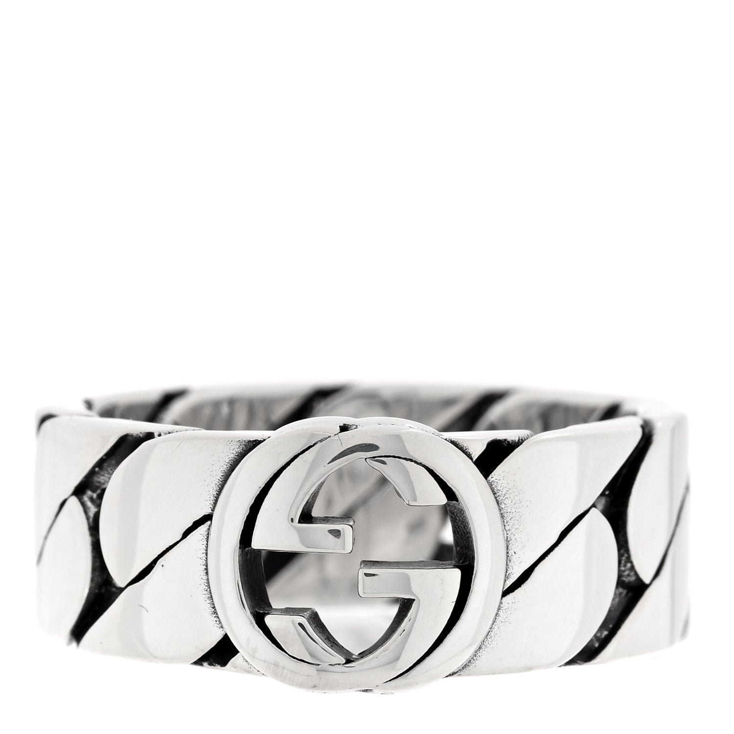 Gucci Sterling Silver Interlocking G Chainlink Wide Band Ring 58 8.25 1 of 5