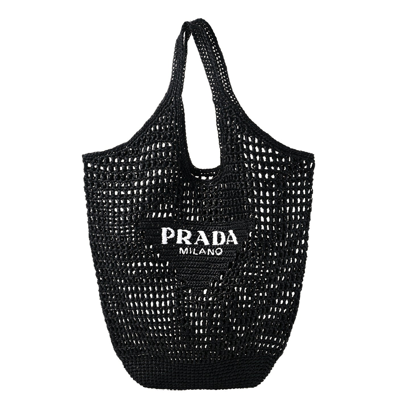 Yarn Raffia Effect Crochet Logo Embroidered Shopping Tote Bag Black