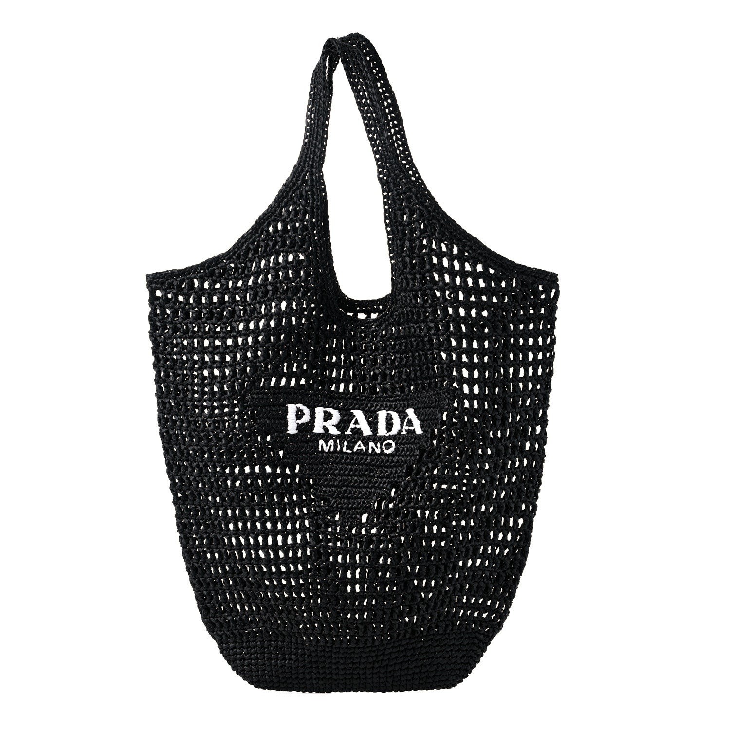 Prada Yarn Raffia Effect Crochet Logo Embroidered Shopping Tote Bag Black 1 of 8